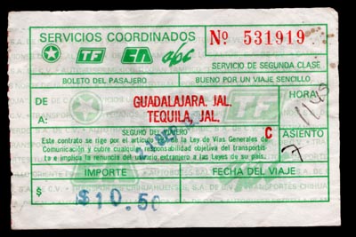 Un ticket de bus pour le trajet Guadalajara / Tequila - Mexique