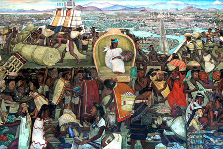 Tenochtitlan, la vie des Aztèques - Fresque de Diego Rivera - Agrandir le tableau...