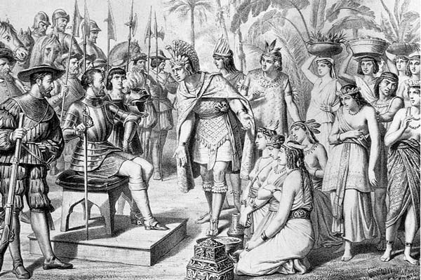 Hernán Cortès recevant Moctézuma II et la « Malinche »
