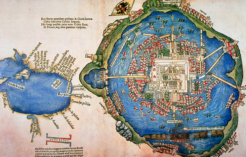 Le plan de Tenochtitlán/Mexico publié en 1524 avec la deuxième lettre d'Hernán Cortès à l'empereur Charles Quint