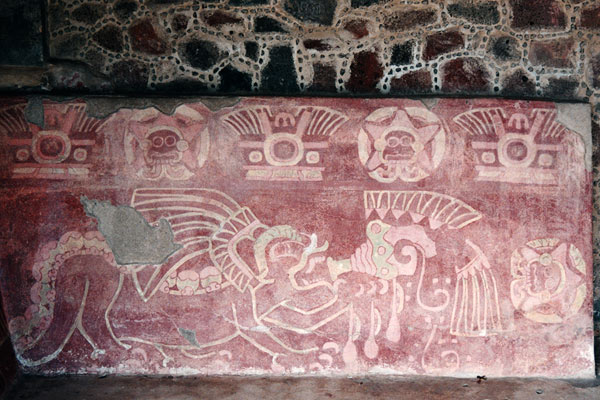 Peinture murale dans le Patio de los Jaguares près du palais de Quetzalpapalotls - Teotihuacán - Mexique