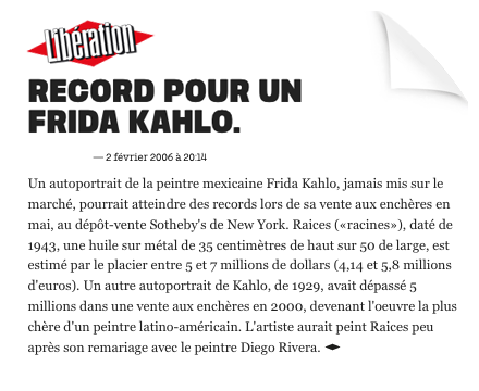Record pour un Frida Kahlo... Libération - 2 février 2006
